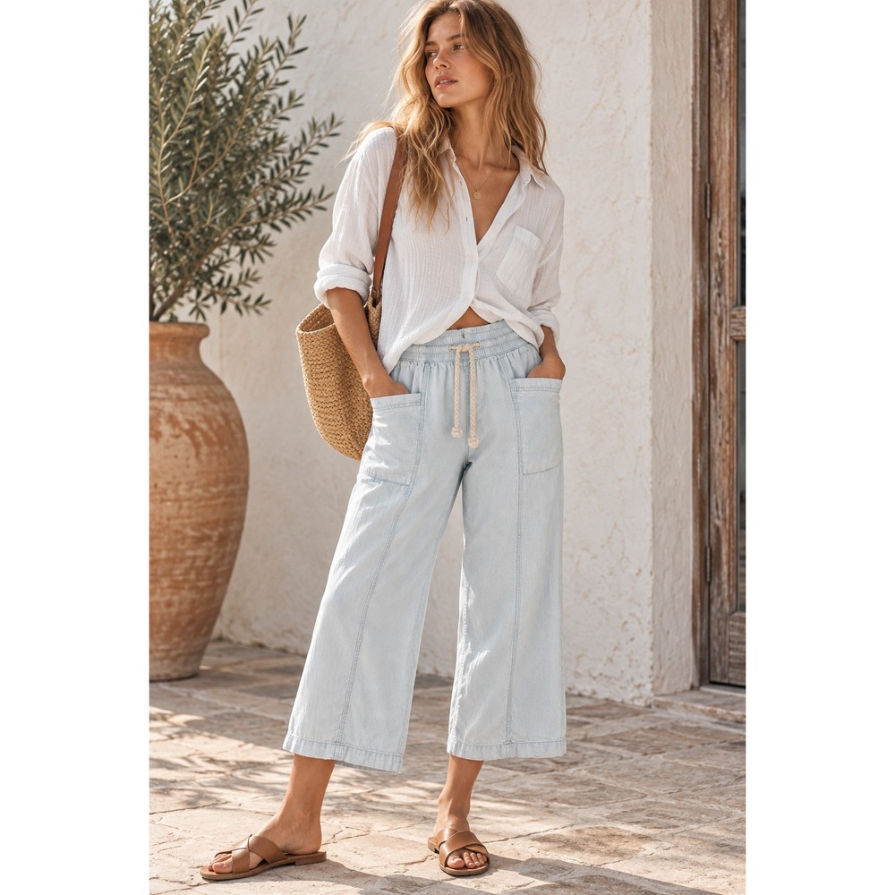 PACT Organic Cotton Pants Women Sz S Light Denim Blue Wide Leg Crop